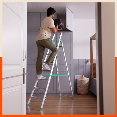 Bathla Advance Carbon - 7 Step Foldable Aluminium Ladder For Home (Teal)